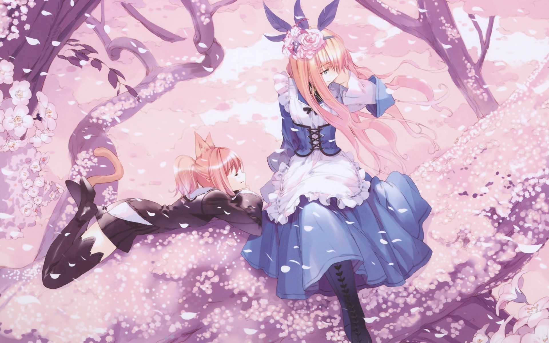 trees, Anime Girls, Cat Ears, Cherry Blossom, Dress, Anime, Alice In Wonderland Wallpaper