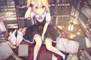 anime Girls, Dress, Books, Socks, Blue Eyes, Blonde, Library, Original Characters