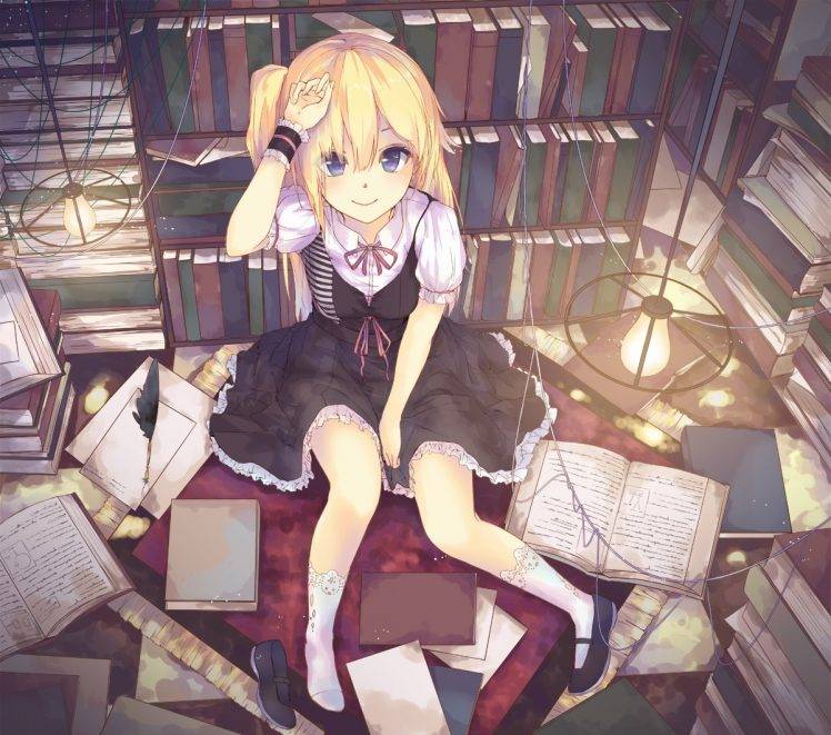 anime Girls, Dress, Books, Socks, Blue Eyes, Blonde, Library, Original Characters HD Wallpaper Desktop Background