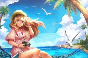 beach, Birds, Anime Girls