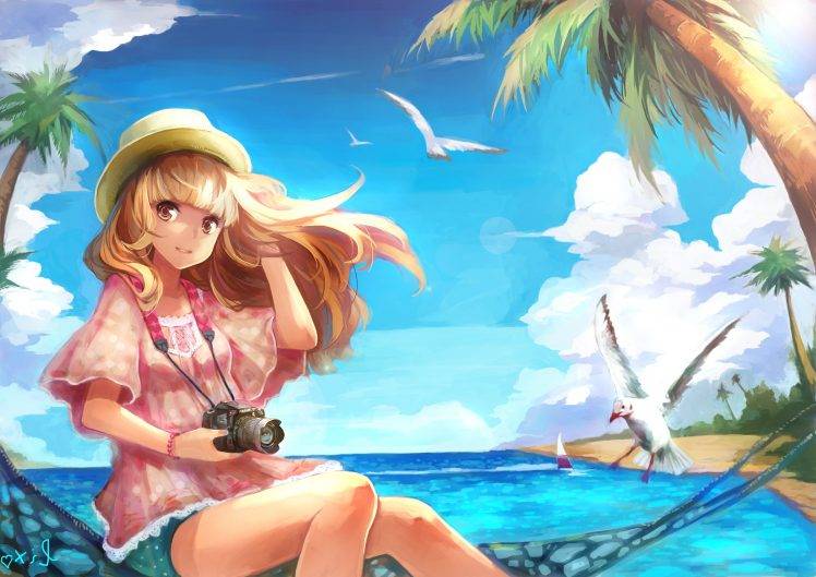 beach, Birds, Anime Girls HD Wallpaper Desktop Background