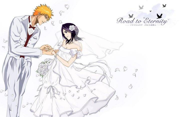 Bleach, Kuchiki Rukia, Kurosaki Ichigo, Wedding Dress, Weddings, Couple HD Wallpaper Desktop Background