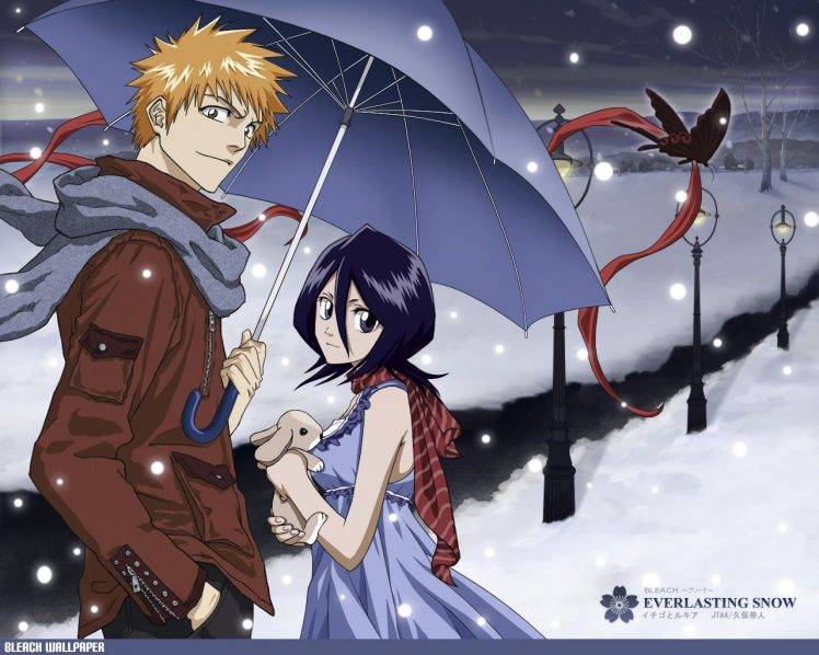 Bleach, Kuchiki Rukia, Anime, Kurosaki Ichigo, Umbrella, Butterfly, Winter, Rabbits, Street Light HD Wallpaper Desktop Background