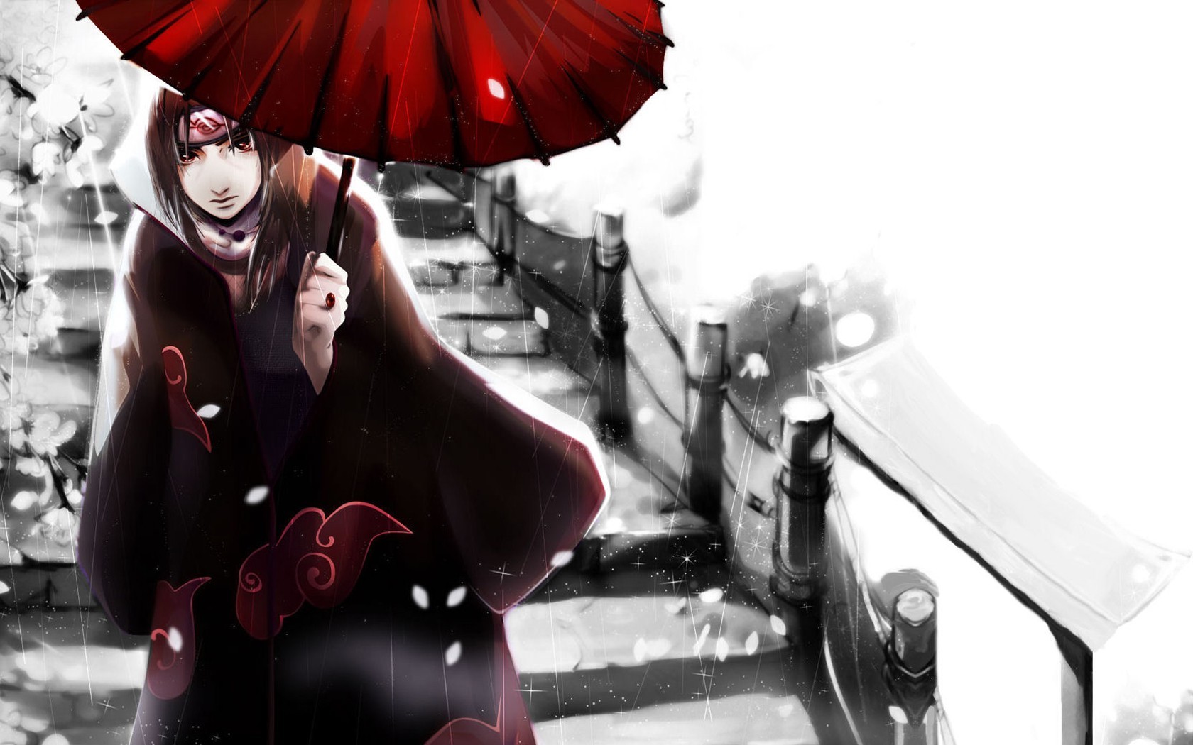 Naruto Shippuuden, Uchiha Itachi, Akatsuki, Umbrella, Snow, Stairs