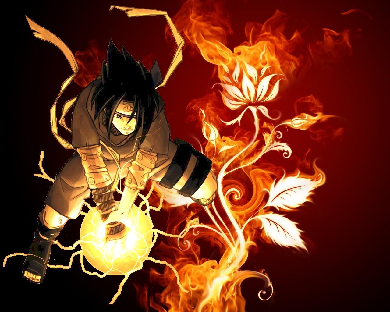 Uchiha Sasuke, Flowers, Fire Wallpaper