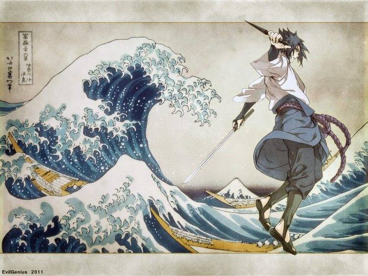 Naruto Shippuuden, Uchiha Sasuke, The Great Wave Off Kanagawa HD Wallpaper Desktop Background