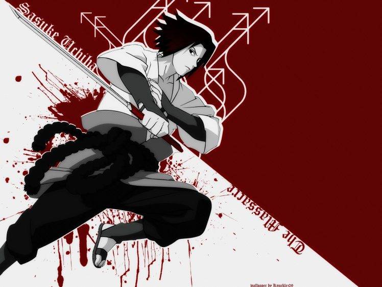 Uchiha Sasuke, Naruto Shippuuden, Paint Splatter, Arrows, Selective Coloring, Anime Boys HD Wallpaper Desktop Background