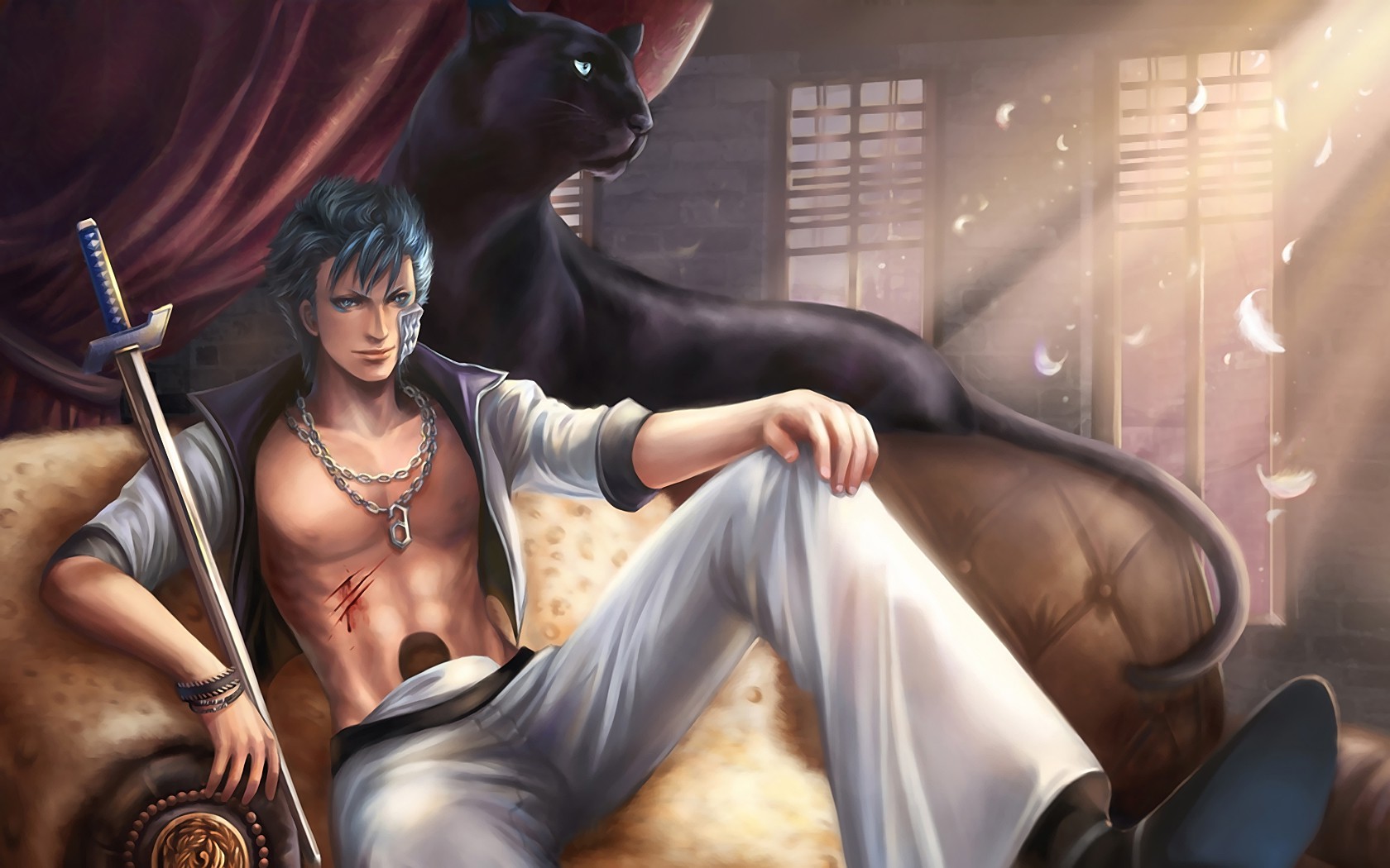 Bleach, Panthers, Sword, Couch, Feathers, Wounds, Teal Hair Wallpaper