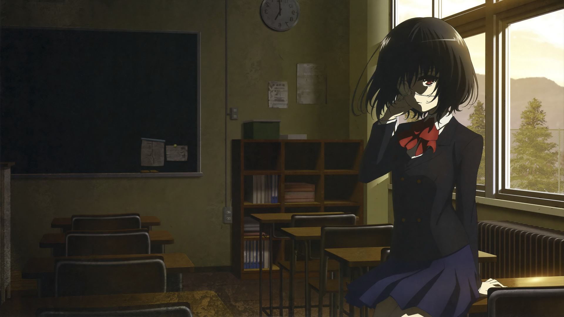 Another, Misaki Mei, School Uniform, Classroom, Anime Girls, Eyepatches Wallpaper