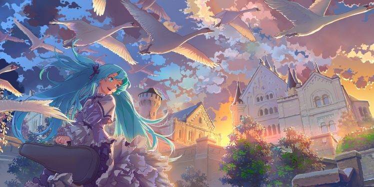 birds, Castle, Anime Girls, Hatsune Miku, Vocaloid HD Wallpaper Desktop Background