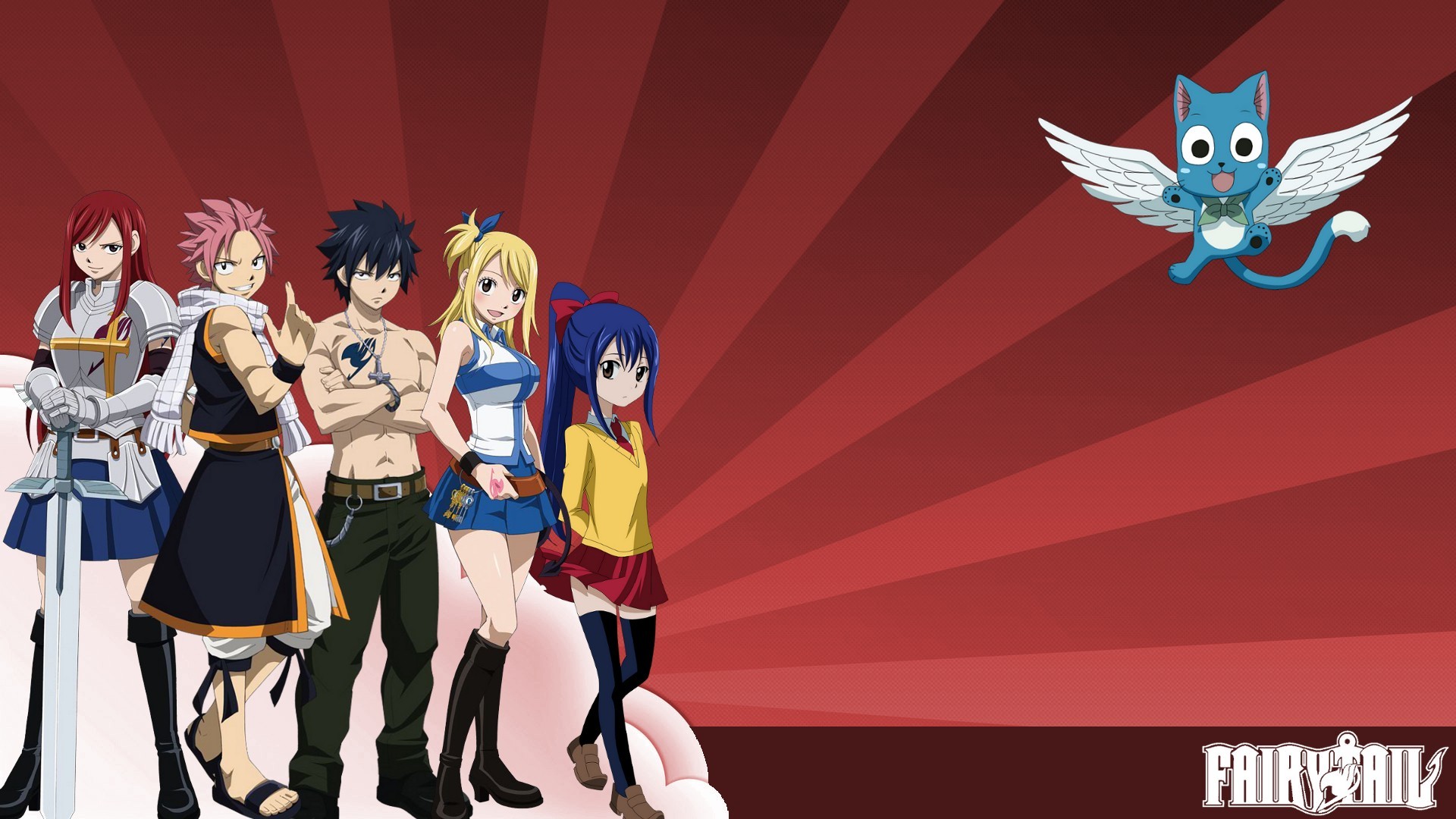 Fairy Tail, Scarlet Erza, Dragneel Natsu, Fullbuster Gray, Heartfilia Lucy, Marvell Wendy, Happy (Fairy Tail) Wallpaper