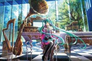 anime, Hatsune Miku, Vocaloid, Music, Musical Instrument, Violin, Harp, Headphones, Piano