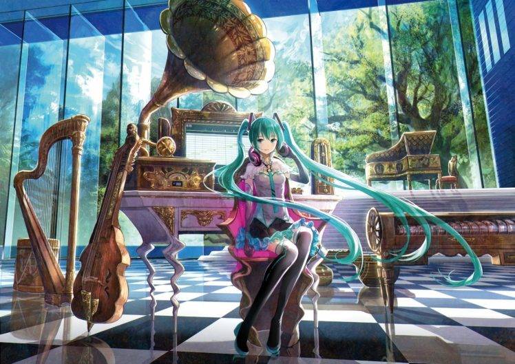 anime, Hatsune Miku, Vocaloid, Music, Musical Instrument, Violin, Harp, Headphones, Piano HD Wallpaper Desktop Background