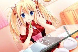 anime Girls, Visual Novel, Anime, Mecha con!, Sawatari Saki, Blonde, Blue Eyes, Skirt, Ribbon
