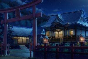 anime, Torii, Artwork, House, Lantern, Fence, Lights, Night, Asian Architecture