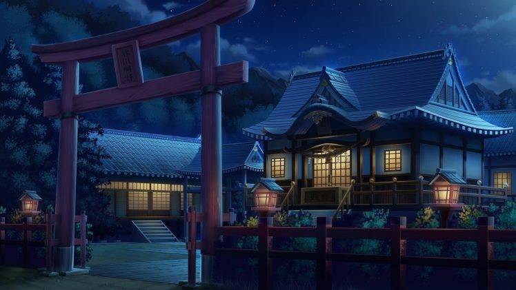 anime, Torii, Artwork, House, Lantern, Fence, Lights, Night, Asian Architecture HD Wallpaper Desktop Background