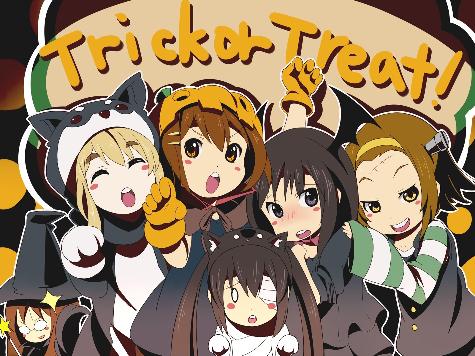 anime Girls, K ON!, Halloween, Hirasawa Yui, Akiyama Mio, Tainaka Ritsu, Kotobuki Tsumugi Wallpaper