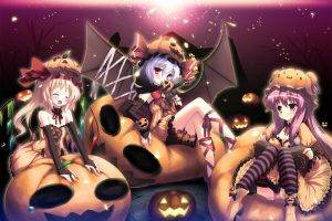 anime Girls, Halloween, Touhou, Remilia Scarlet, Patchouli Knowledge, Pumpkin, Flandre Scarlet