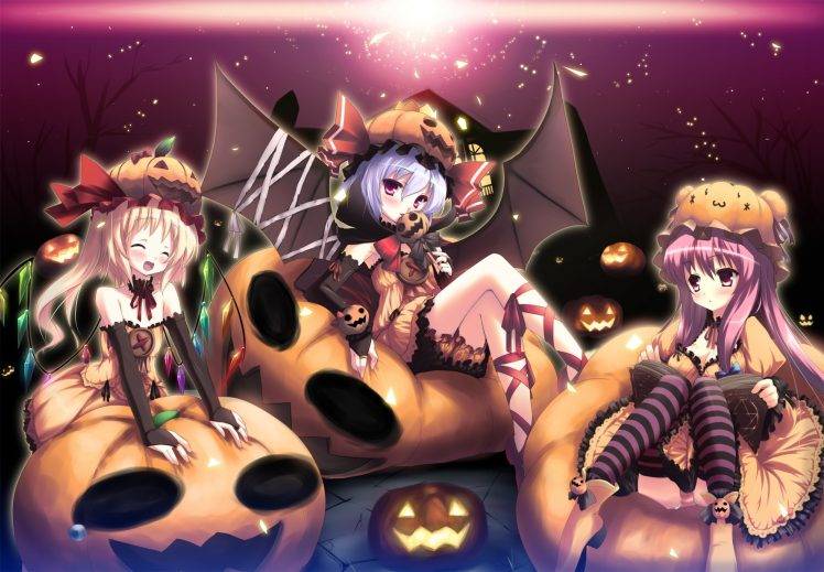 anime Girls, Halloween, Touhou, Remilia Scarlet, Patchouli Knowledge, Pumpkin, Flandre Scarlet HD Wallpaper Desktop Background