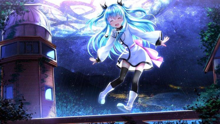 blue Hair, Noel (Sora No Method), Long Hair, Closed Eyes, Thigh highs, Anime, Anime Girls, Sora No Method, Swordsouls HD Wallpaper Desktop Background