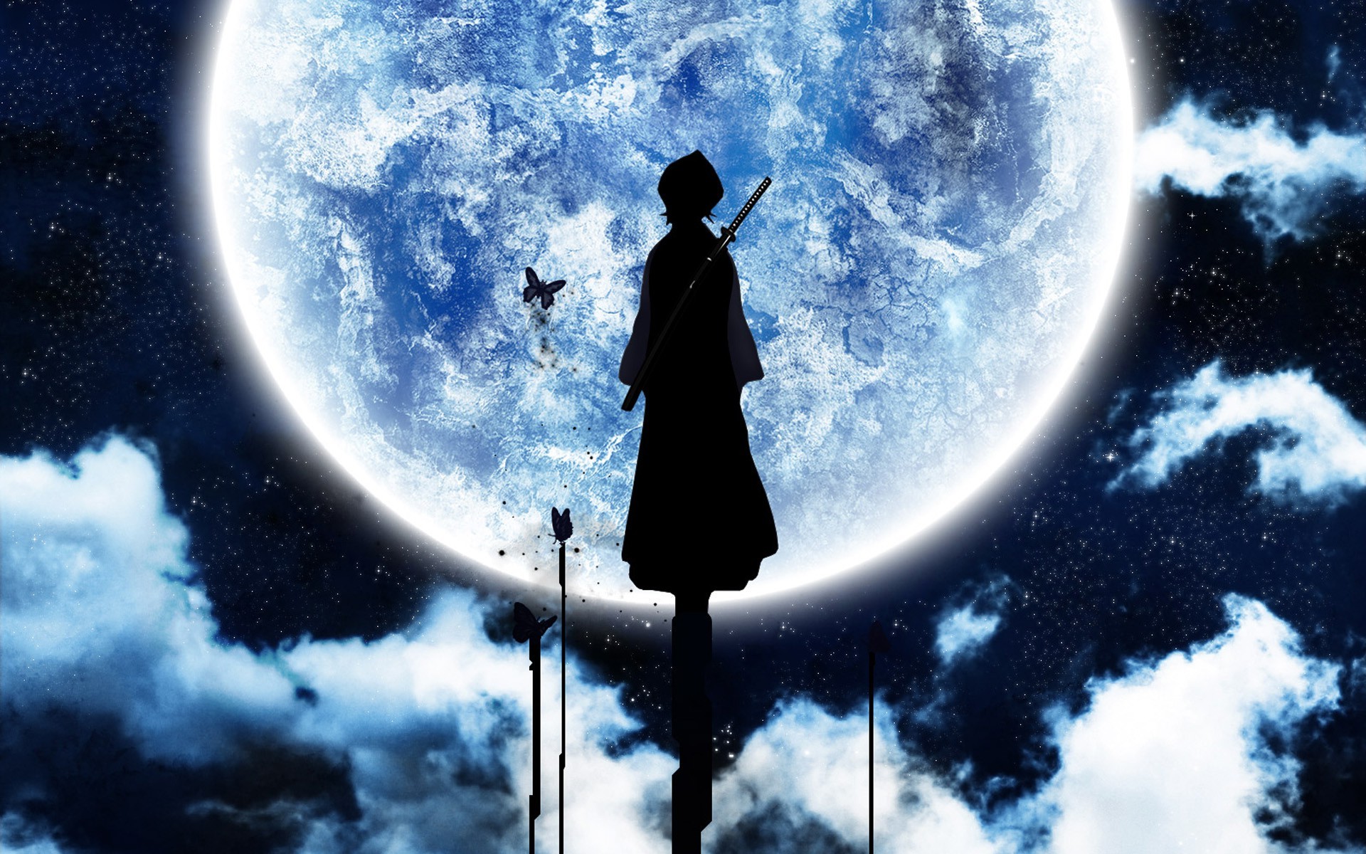 Bleach, Kuchiki Rukia, Moon, Silhouette, Butterfly Wallpaper