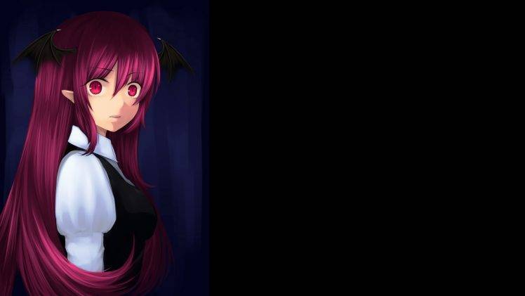 Koakuma, Touhou, Redhead, Red Eyes, Wings, Long Hair, Elven Ears HD Wallpaper Desktop Background