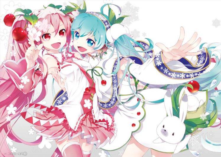 anime, Anime Girls, Hatsune Miku, Vocaloid, Blue Hair, Detached Sleeves, Blue Eyes, Pink Hair, Red Eyes HD Wallpaper Desktop Background