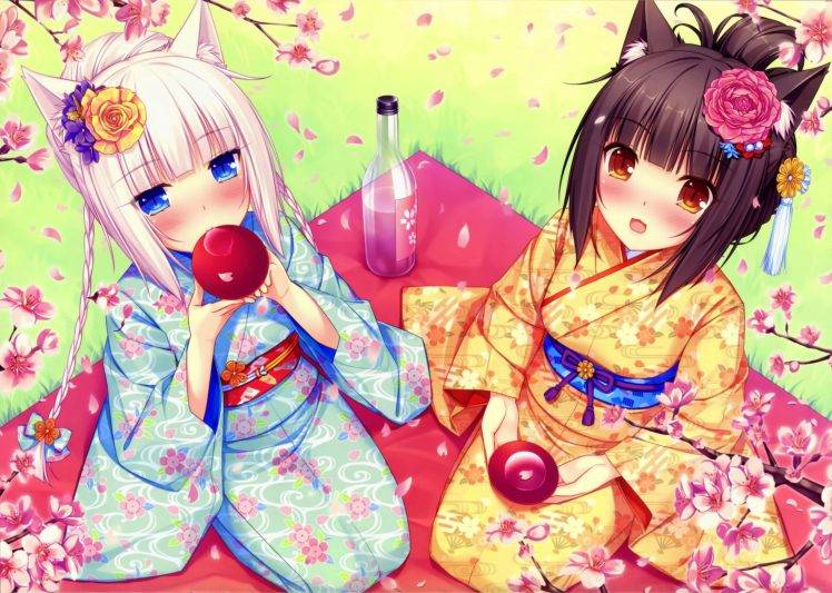 Neko Works, Animal Ears, Picknick, Cherry Blossom, Neko Para, Nekomimi, Chocolat (Neko Para), Vanilla (Neko Para), Anime Girls, Anime HD Wallpaper Desktop Background