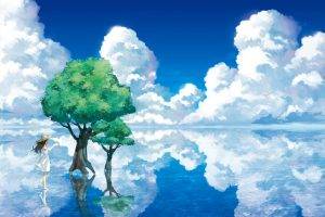 sea, Clouds, Trees, Anime Girls, Original Characters