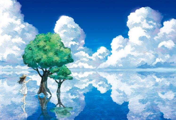 sea, Clouds, Trees, Anime Girls, Original Characters HD Wallpaper Desktop Background