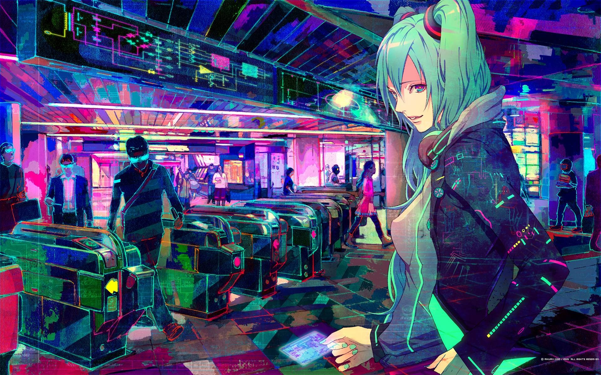 cyberpunk, Headphones, Vocaloid, Train Station, Pink, Hatsune Miku
