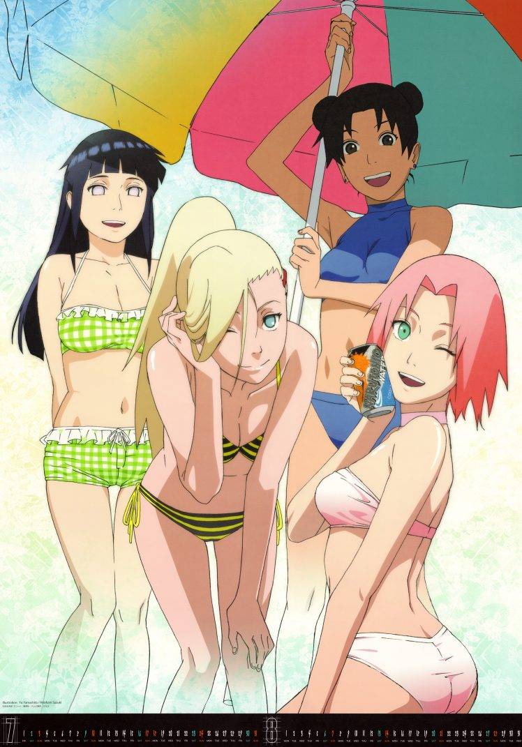 Naruto Shippuuden, Hyuuga Hinata, Haruno Sakura, Yamanaka Ino, Tenten, Bikini, Anime Girls, Umbrella HD Wallpaper Desktop Background