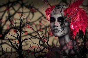 digital Art, 3D, CGI, Face, Women, Trees, Branch, Red Eyes, Leaves, Depth Of Field, Feathers
