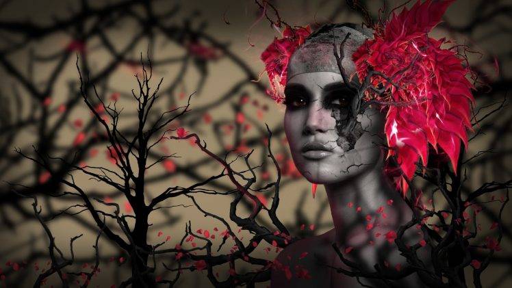 digital Art, 3D, CGI, Face, Women, Trees, Branch, Red Eyes, Leaves, Depth Of Field, Feathers HD Wallpaper Desktop Background