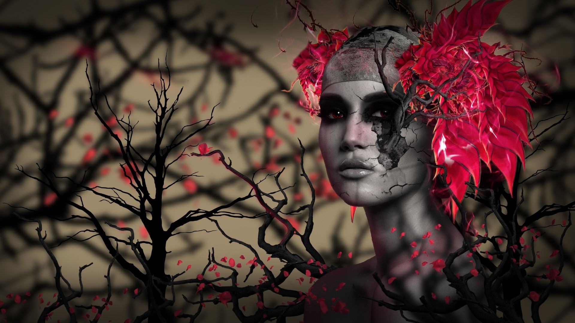 digital Art, 3D, CGI, Face, Women, Trees, Branch, Red Eyes, Leaves, Depth Of Field, Feathers Wallpaper
