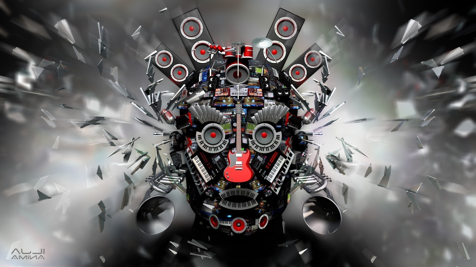 digital Art, 3D, CGI, Face, Music, Guitar, Keyboards, Drums, Microphones, Trumpets, Speakers, Eyes, Open Mouth, Explosion Wallpaper