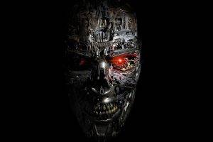 Terminator Genisys, Robot, Cyborg, Face, Red Eyes, Science Fiction, Black Background, Metal, Teeth, Gears, Steel, Digital Art, CGI, Artwork, Skull, Terminator, Machine, T 1000