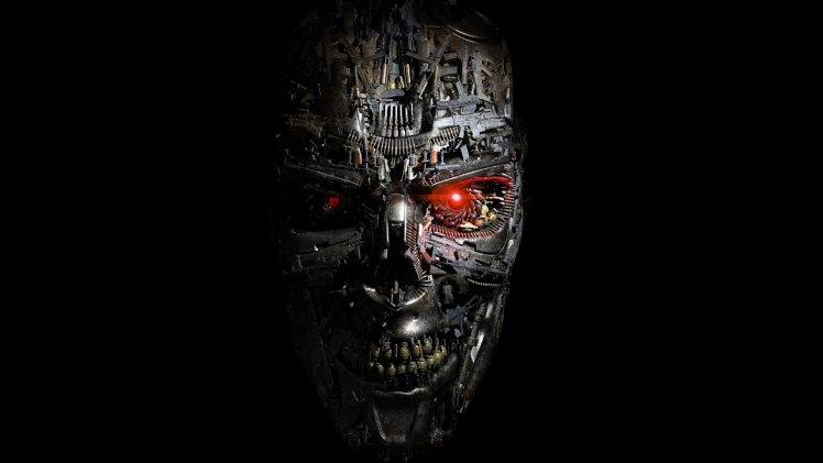 Terminator Genisys, Robot, Cyborg, Face, Red Eyes, Science Fiction, Black Background, Metal, Teeth, Gears, Steel, Digital Art, CGI, Artwork, Skull, Terminator, Machine, T 1000 HD Wallpaper Desktop Background