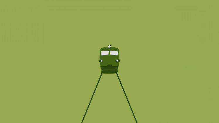 digital Art, Minimalism, CGI, Simple Background, Railway, Train, Diesel Locomotives, Lines, Lights, Green Background HD Wallpaper Desktop Background