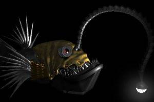 digital Art, Underwater, Fish, Fangs, Anglerfish, Lights, CGI, Render, Steampunk, 3D, Black Background