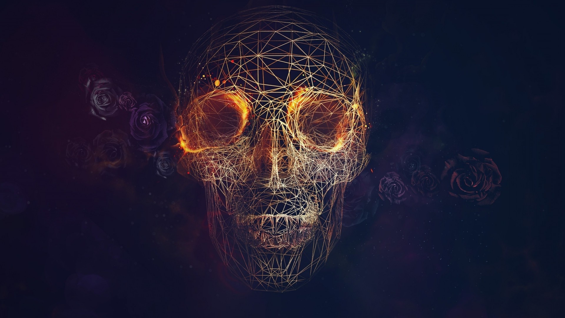 Wireframe CGI Skull Fire Rose Vectors Lines Blue Background