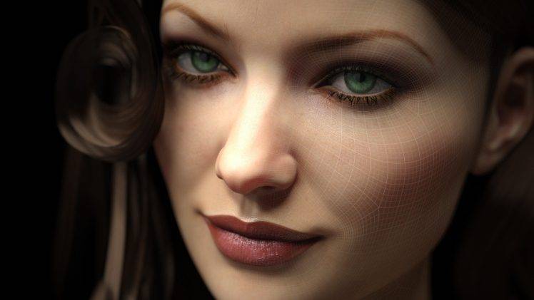 Women Face Looking At Viewer Green Eyes Digital Art Portrait Cgi 3d Black Background