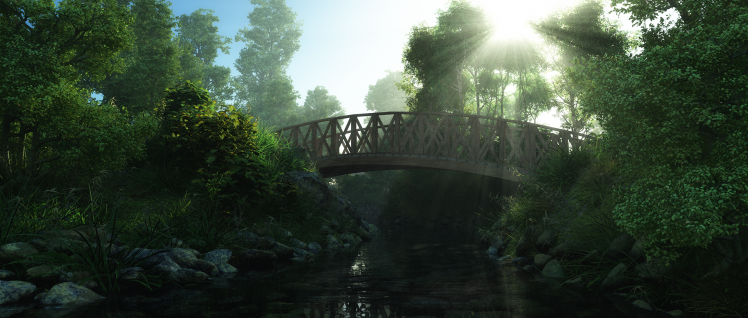 digital Art, CGI, Bridge, Park, Trees, Lights HD Wallpaper Desktop Background
