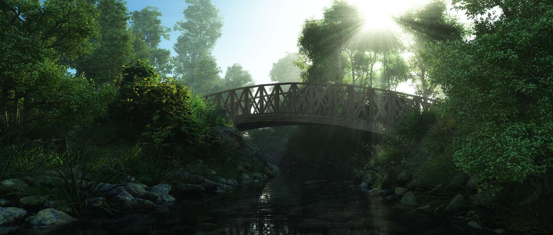 digital Art, CGI, Bridge, Park, Trees, Lights Wallpaper