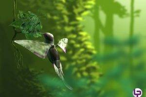 colibri (bird), Grass, Trees, CGI, Digital Art, Flying, Depth Of Field