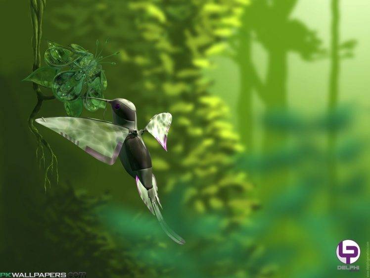 colibri (bird), Grass, Trees, CGI, Digital Art, Flying, Depth Of Field HD Wallpaper Desktop Background