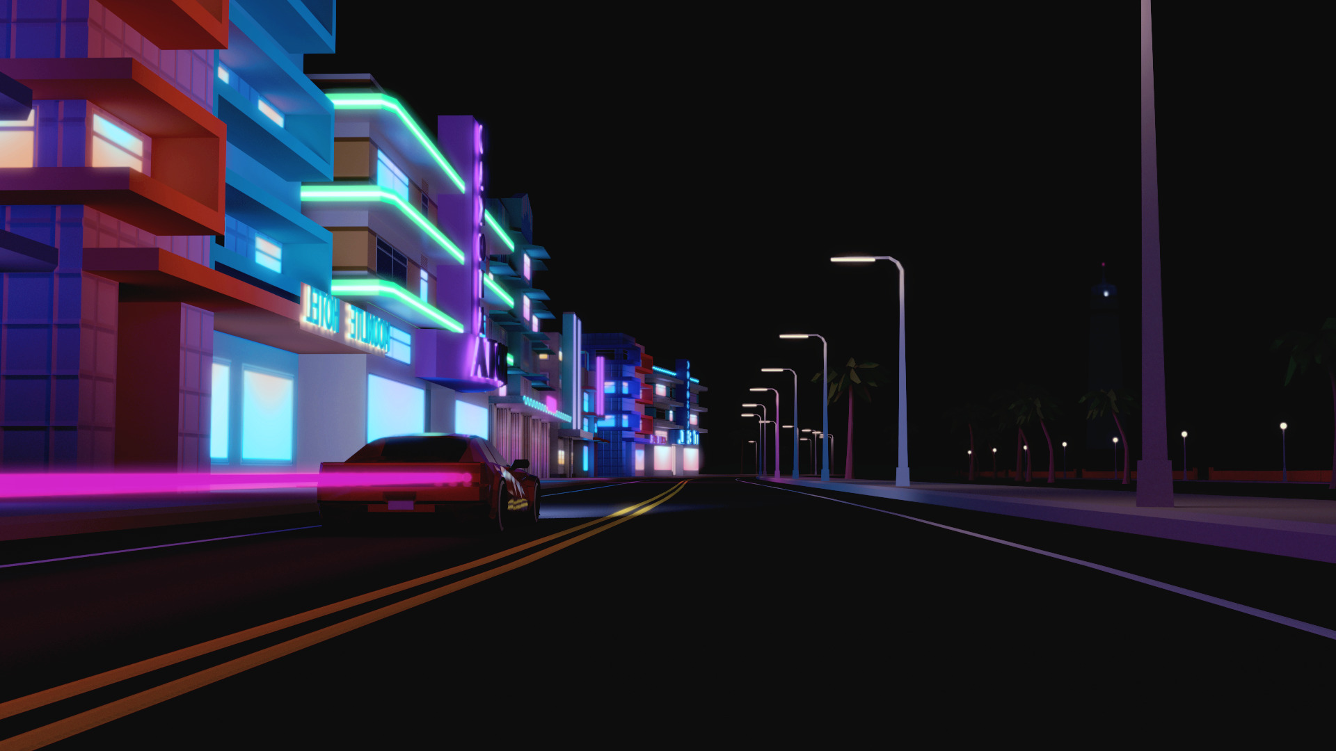 city, Urban, Street, Car, CGI, Render, Building, Night, City Lights, Motion Blur, Miami, Florida Wallpaper