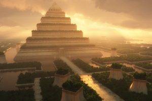 architecture, 3D, Science Fiction, Sunlight, Clouds, Pyramid