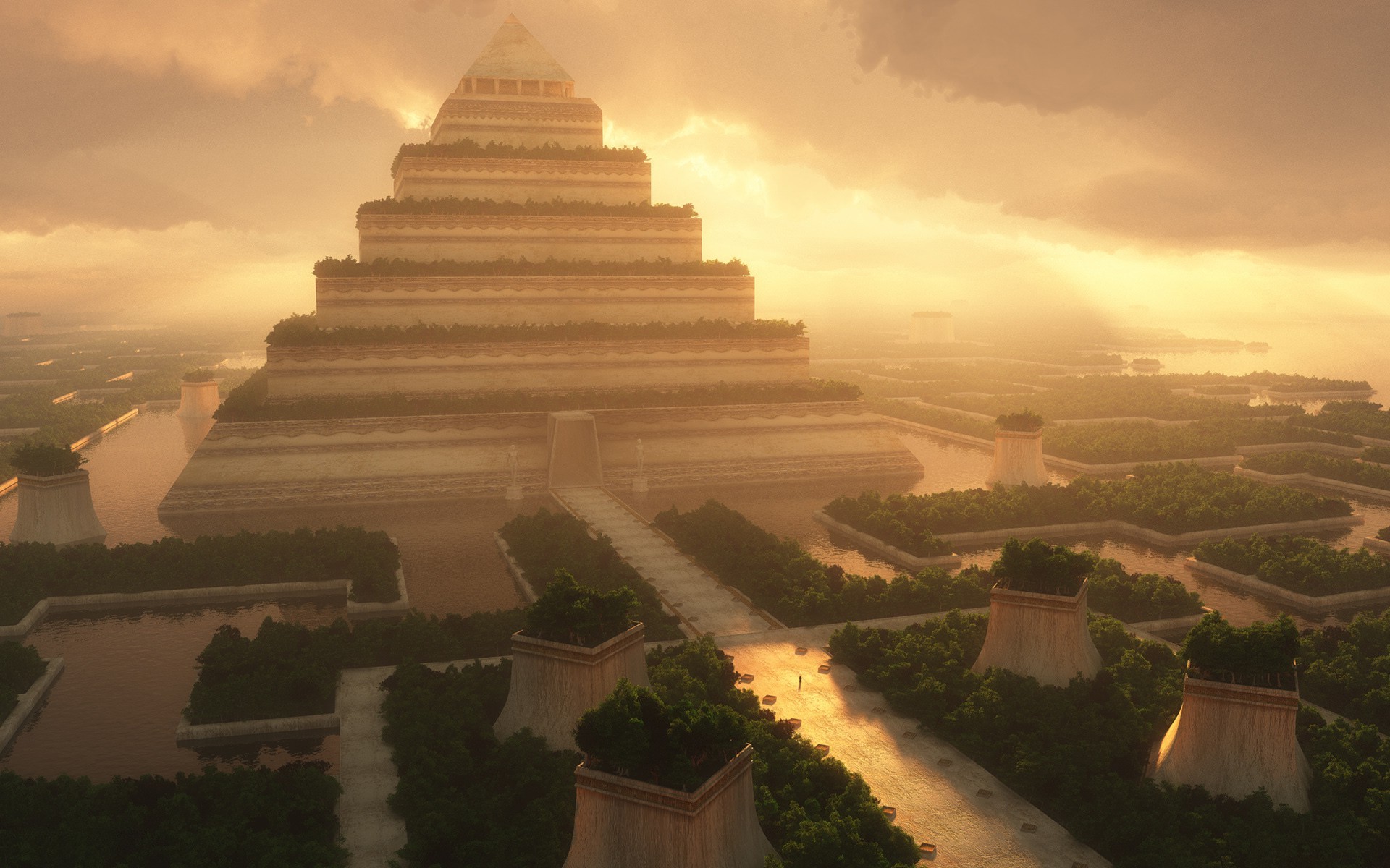 architecture, 3D, Science Fiction, Sunlight, Clouds, Pyramid Wallpaper