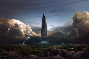 3D, Fantasy City, Futuristic, CG Render, Lightning